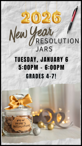 program details on a background that looks like crumpled white paper. there is a new year resolution jar on a table with ornaments