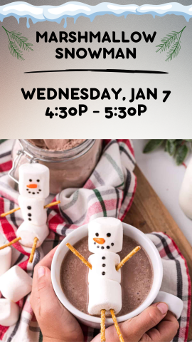 two marshmallow snowman, one sitting on top of a cup of hot chocolate, and program details