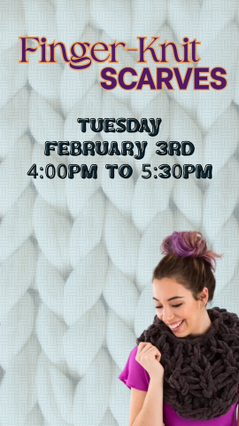 white chunky yarn background with a teen girl wearing a hand made scarf, and program details