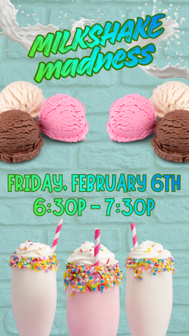 light teal brick background with 3 milkshakes at the bottom, 6 scoops of ice cream, and program details