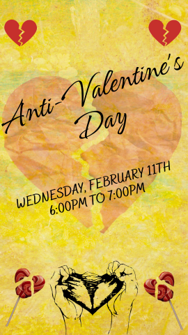 yellow background with pink broken heart in the middle, and program details