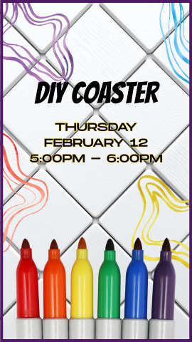 white square tile background, sharpie markers at the bottom in red, orange, yellow, green, blue, and purple, and program details