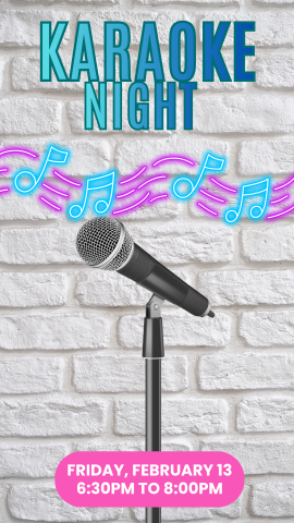 white brickwall background with music notes and a microphone, and program details.