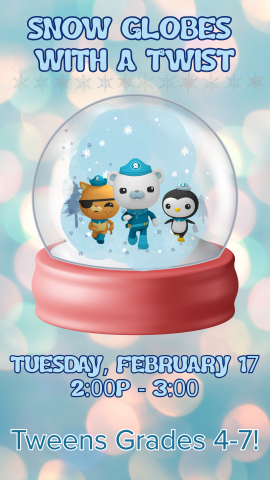 red snowglobe with cartoon characters inside, blue bubble background, and program details