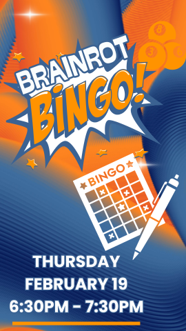 orange and blue background with bingo board, pen, balls, and program details