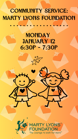 marty lyons logo at bottom, cartoon outline of two kids with super hero capes, background of envelopes with hearts on them, and program details