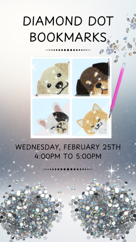 4 animal corner bookmarks in a square with bedazzling gems spread around, and program details