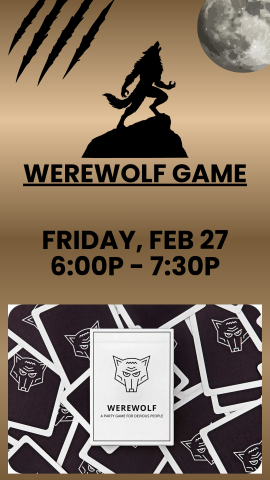 orange/brown background with the shadow of a werewolf howling on a hill, full moon in the top corner, scratch marks from a claw, the actually board game of werewolf, and program details