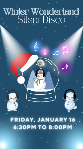 night sky background with disco lights on a snow globe. one snowman inside a snowglobe and two outside the snow globe all wearing headphones. music notes, santa hat on the snow globe, and program details
