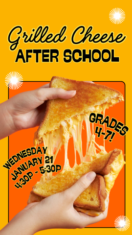 orange background with two hands pulling apart a gooey grilled cheese sandwich and program details