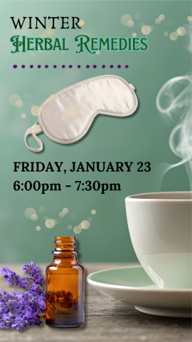 green background with a steaming cup of tea, essential oil and lavender, a sleep mask and program details