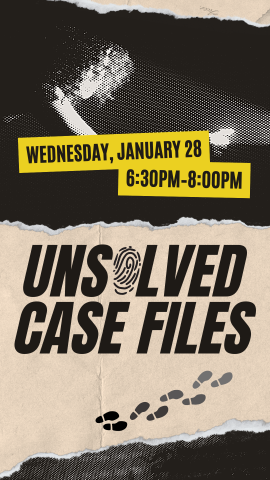 flashlight being shown on a woman, footprints, and program details