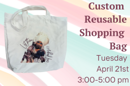 White tote bag with Miss Piggy dressed as Marie Antoinette on it next to a description of the program.