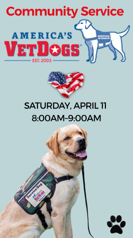 VetDogs' logo, american flag heart, yellow lab, and program details
