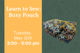 A black floral boxy shaped  zippered pouch next to a description of the program.