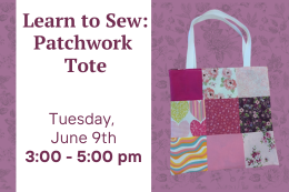 A colorful patchwork tote bag next to a description of the program.