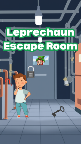 Boy stuck in room with a key on the ground and padlocked door. A leprechaun is peeking through the window. Text reads "Leprechaun Escape Room."