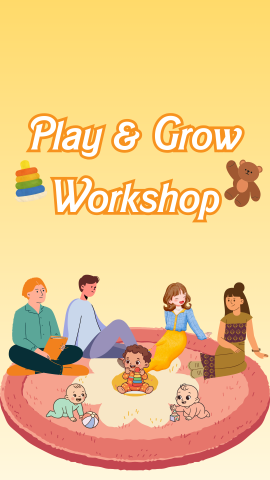 Yellow background with drawings of parents talking and children playing. Text reads "Play and Grow Workshop."