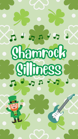 Shamrocks with a leprechaun, electric guitar, and music notes. Text reads "Shamrock Silliness."