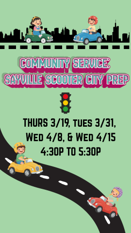 green background with roadways and little kids in little cars and program details