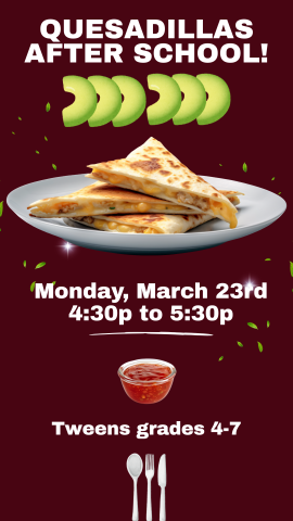 plate with three quesadillas on it, fake knife, spoon and fork, and program details