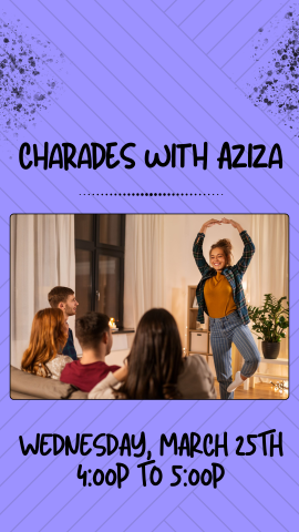 purple background with photo of a young woman playing charades while other young adults watch. Program details