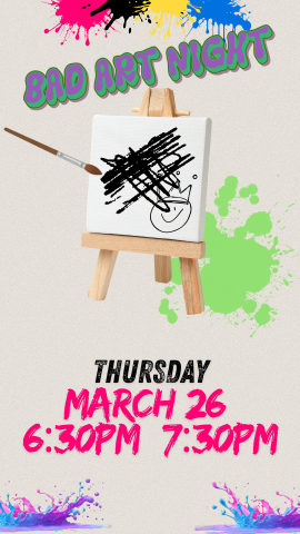 splatters of paint, an art easel, and program details