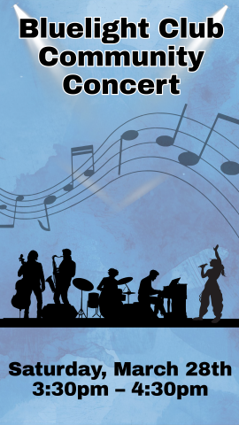 blue background with silhouette of musicians, music notes, and program details