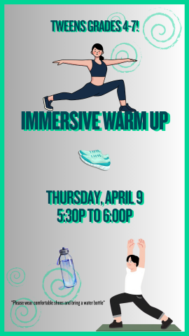 white/gray background with two cartoon people practicing yoga and program details