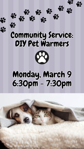 dog and cat laying on a bed under a blanket together, striped background with paw prints along the top, and program details