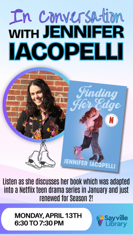 picture of author with ice skates hanging, cover of the book 'finding her edge', and program details