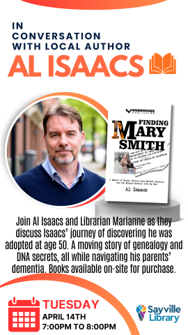 author photo with the cover of his book, verbal description of what the book is about, and program details