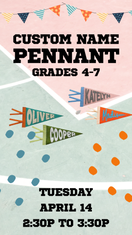 pastel background with name pennants in the middle, blue and orange polka dots, flags at the top, and program details