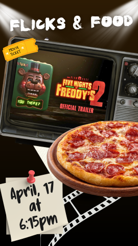 black background, old fashioned tv with a five nights at freddy's photo, pizza, and program details