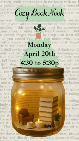 book pages background, jar in forefront with little chair, tealight, and books, and program details