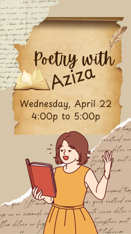 cartoon woman reading from a book, an old scroll type paper, background of words, and program details