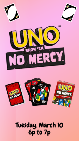 pink background with pictures of the deck of cards for the game Uno No Mercy, and program details