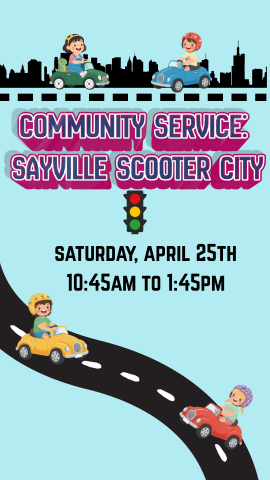 cartoon roads with kids on scooters, a silhouette of a city, and program details