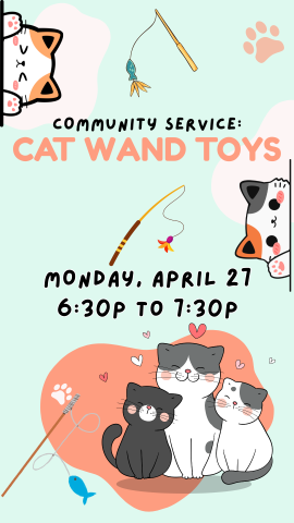 cartoon cats spread around image with cat want toys also spread out, and program details