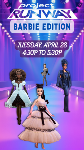purplish runway background with 4 barbies standing in stylish clothes, and program details