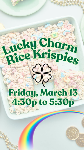 background of lucky charms made into rice krispies, rainbow, shamrock, and program details