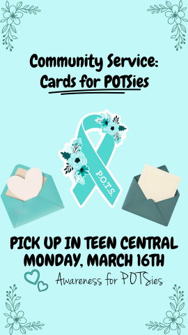 light blue background, blue ribbon with P.O.T.S. written on it, two envelopes, and program details