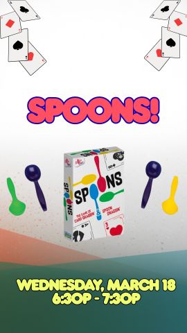 spoons the board game box pictured with random spoons, cards, and program details