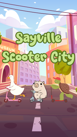 Image of a duck, capybara, and turtle on scooters crossing the road with buildings in the background. Text reads "Sayville Scooter City."