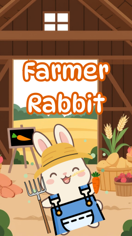 Barn background with an image of a rabbit dressed as a farmer. Text reads "Farmer Rabbit."