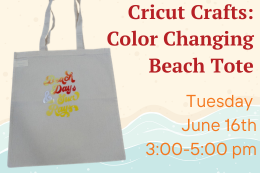 A canvas tote that says "beach waves & sun rays" in multicolored vinyl next to a description of the program.