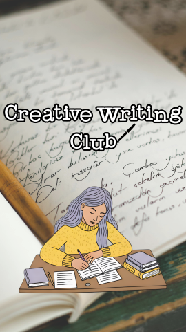 Image of a girl writing at a desk, with a background of a journal with cursive writing. Text reads "Creative Writing Club."