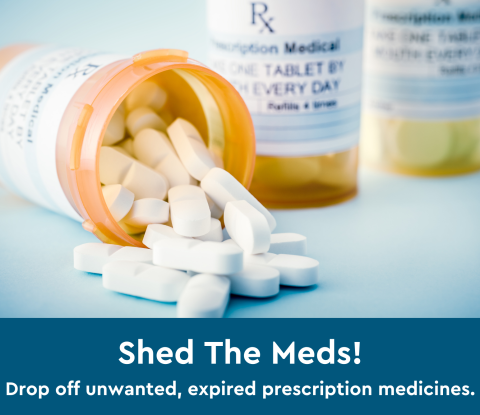 Photo with an open pill bottle and pills on a counter with the words "Shed The Meds!" at the bottom of the picture.