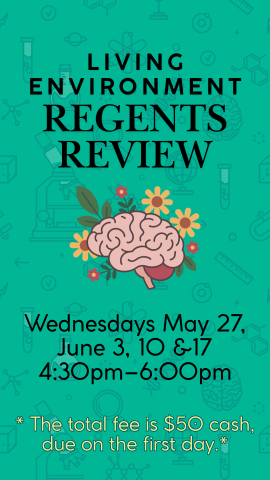 brain with flowers sprouting out of it, green background with various science images, and program details