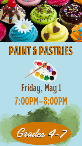 colorful cupcakes at the top, paint palette in the middle, blue background, and program details